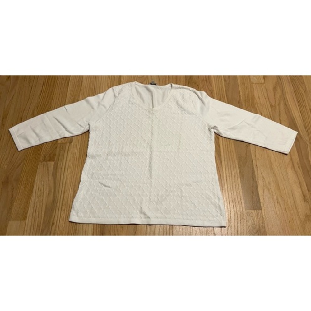 Talbots Womens White Textured Diamond Knit V-Neck 3/4 Sleeve Sweater Size M